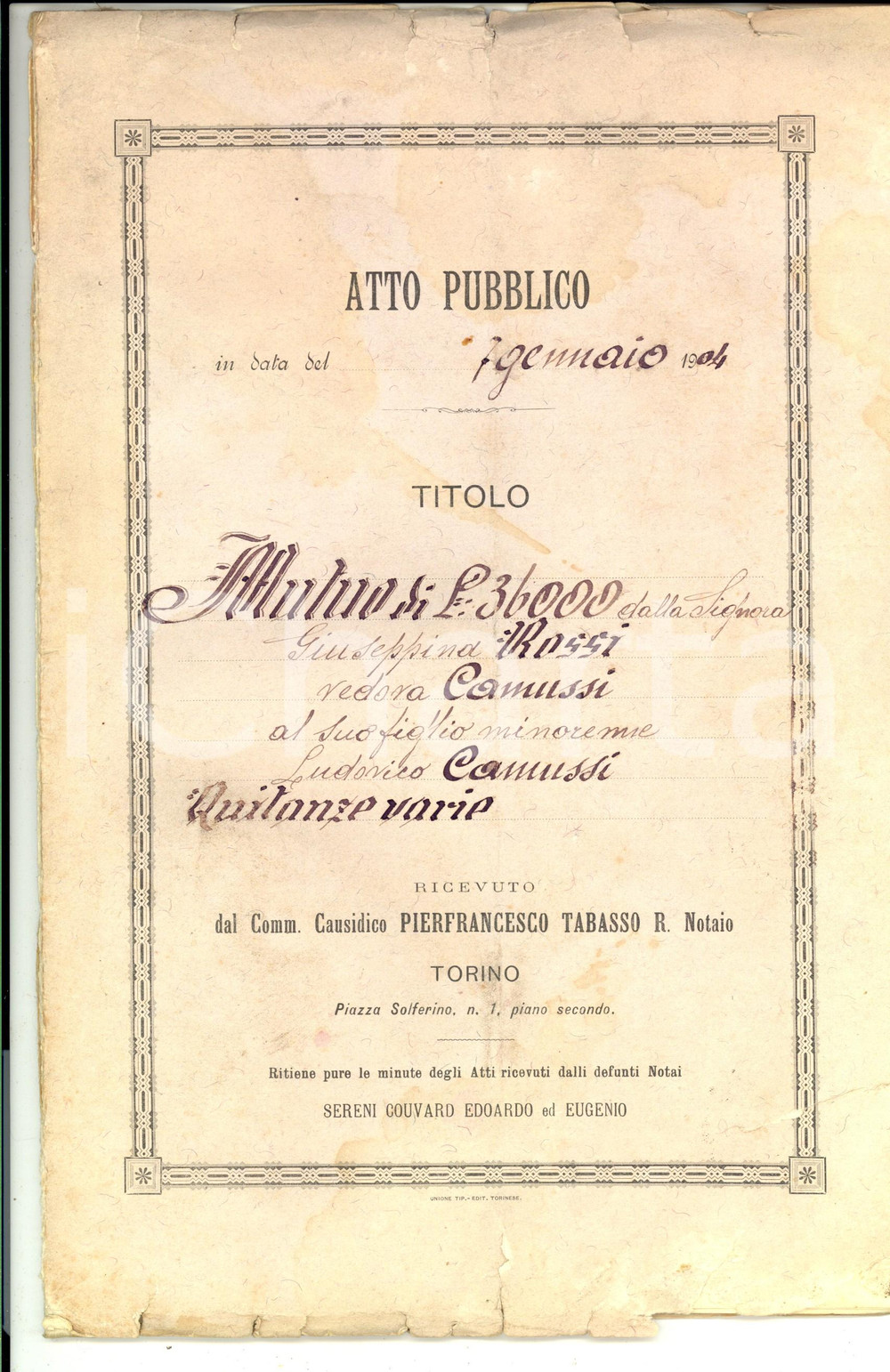 Documento originale, autentico 1904 TORINO CASCINA SANT AGOSTINO Mutuo sui beni della vedova Giuseppina ROSSI 1