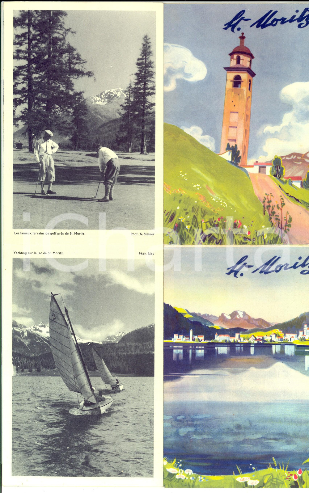 Materiale pubblicitario d’epoca 1930 ca SANKT MORITZ SVIZZERA Pieghevole pubblicitario ILLUSTRATO 1
