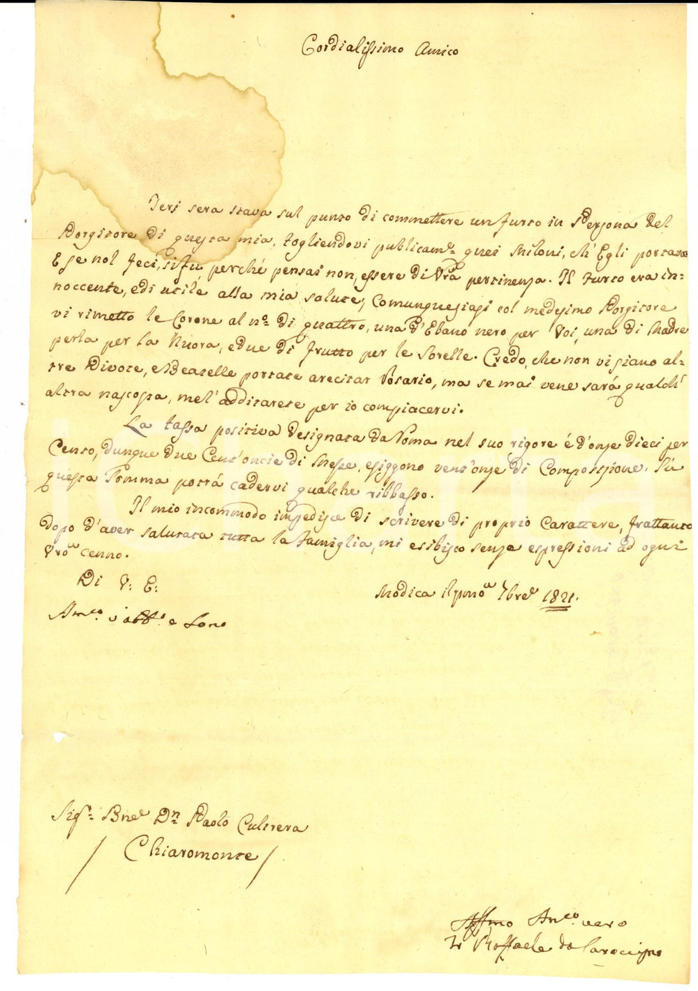 Documento originale, autentico 1821 MODICA RG Raffaele da CARAVIGNO invia rosari ai baroni CULTRERA Lettera 1