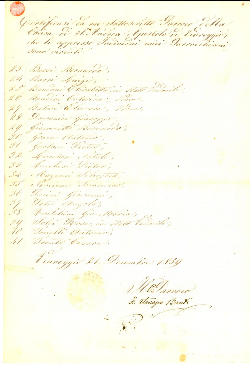 Documento originale, autentico 1859 VIAREGGIO LU Esistenza in vita parrocchiani di SANT ANDREA APOSTOLO 1
