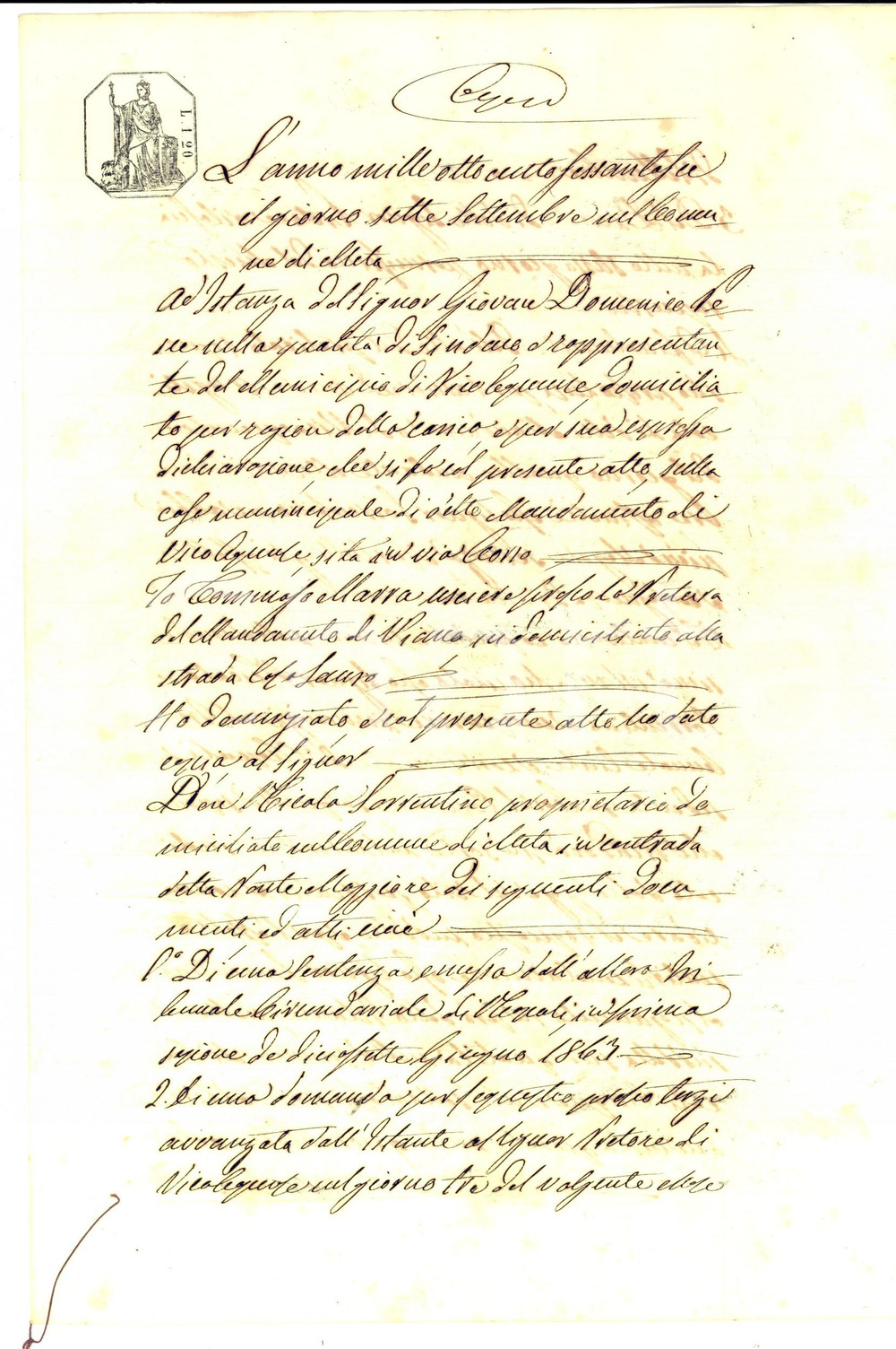 Documento originale, autentico 1866 VICO EQUENSE NA Notifica a Nicola SORRENTINO condanna per debiti 1