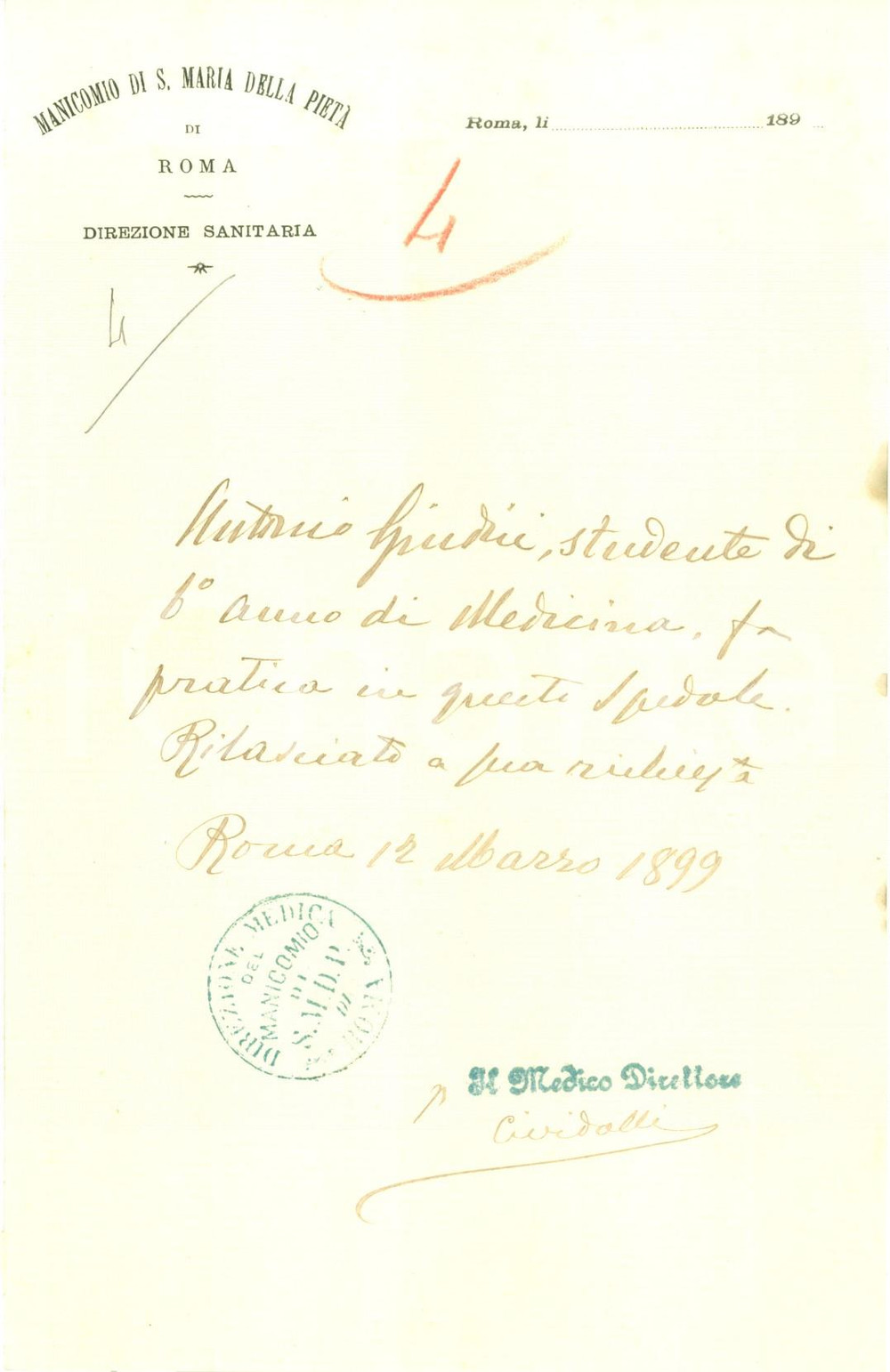 Documento originale, autentico 1899 ROMA Antonio GIUDICI praticante al Manicomio di SANTA MARIA DELLA PIETA 1