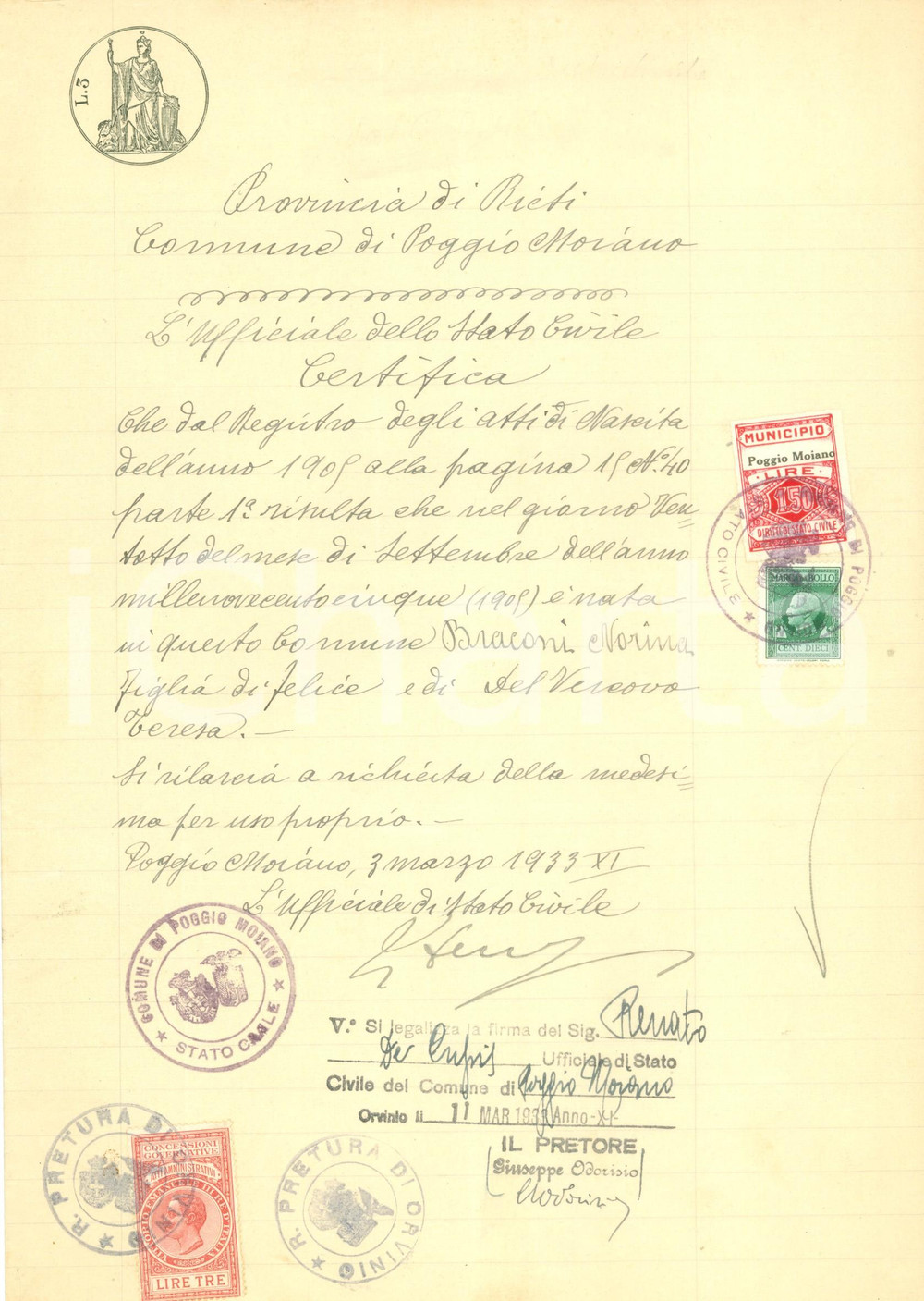 Documento originale, autentico 1933 POGGIO MOIANO RI Certificato di nascita di Norina BARACONI Documento 1