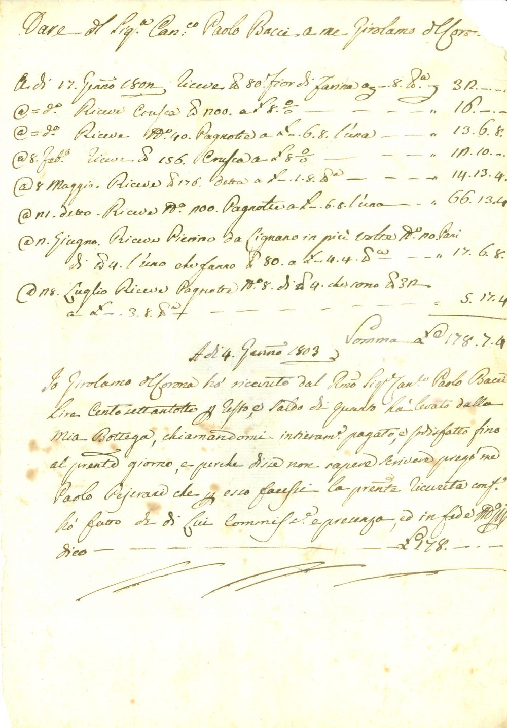 Documento originale, autentico 1803 CIVITELLA VAL DI CHIANA AR Conto panettiere Girolamo DE CORONA Documento 1