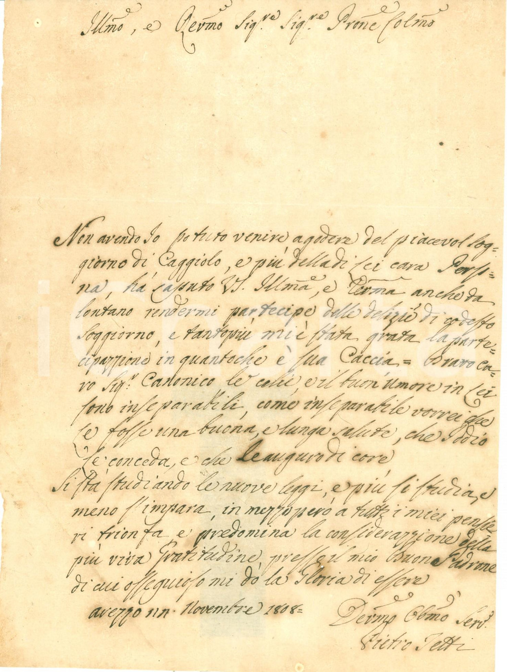 Documento originale, autentico 1808 SUBBIANO AR Pietro TETTI sulle delizie del soggiorno di CAGGIOLO 1