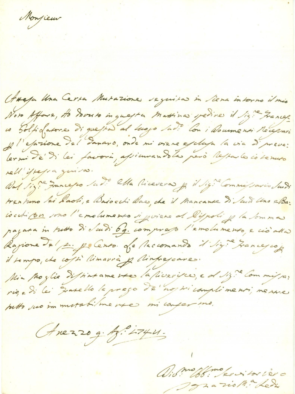 Documento originale, autentico 1748 AREZZO Ignazio Maria REDI aggiorna su alcuni pagamenti AUTOGRAFO 1