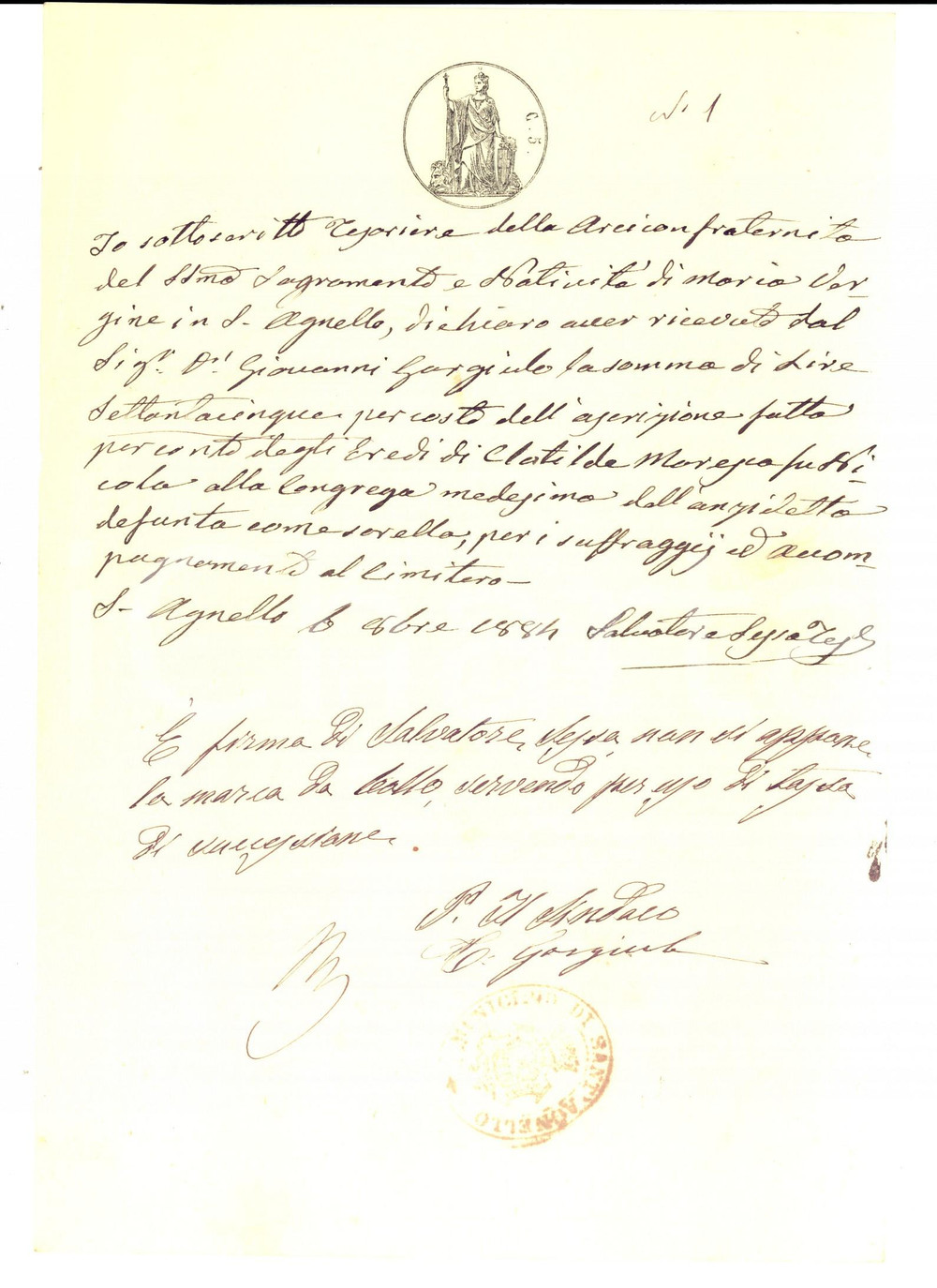 Documento originale, autentico 1884 SANT AGNELLO NA Spese per il funerale di Clotilde MARESCA Manoscritto 1