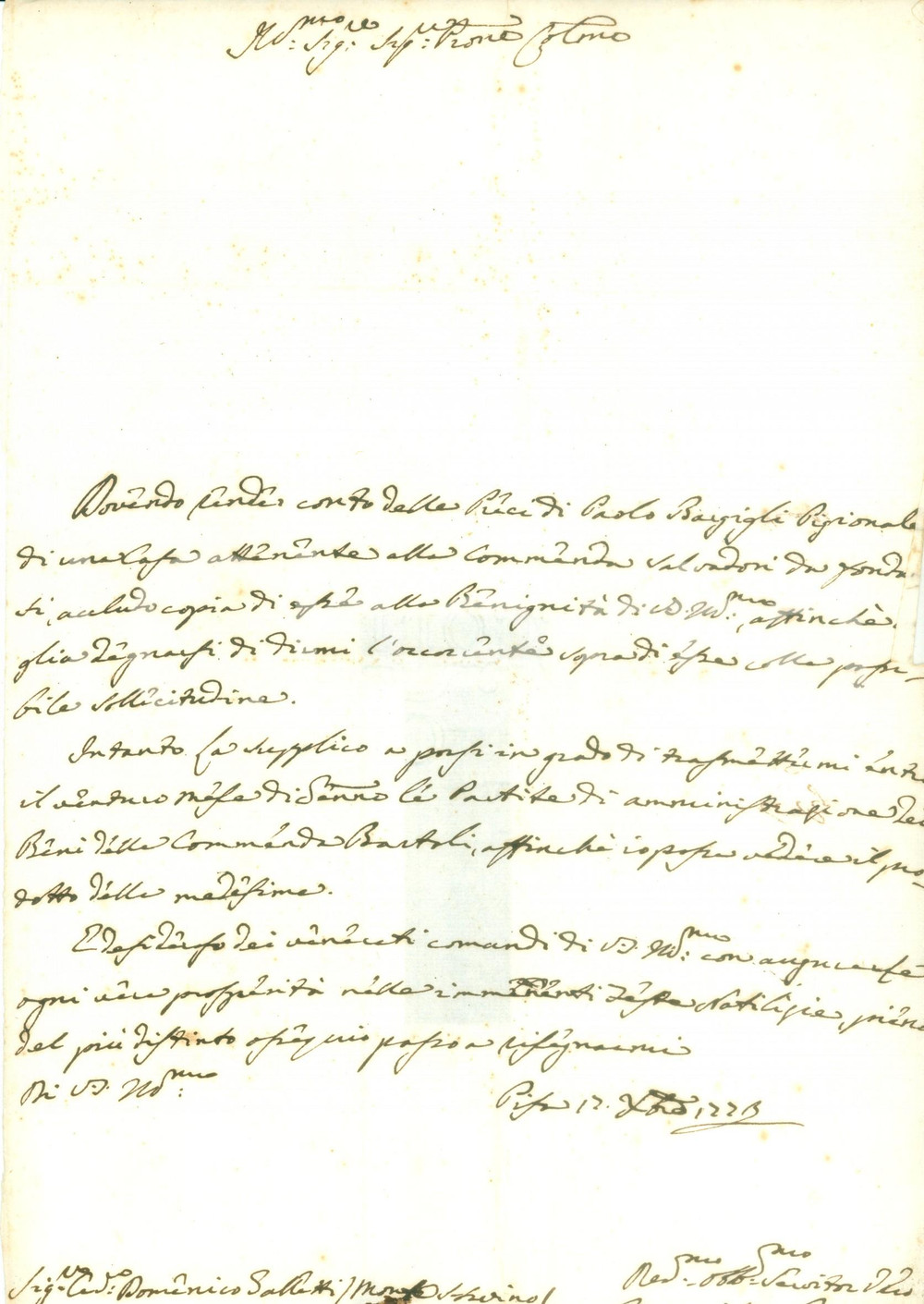 Documento originale, autentico 1773 MONTE SAN SAVINO AR Paolo BARGIGLI pigionale di casa Commenda SALVADORI 1