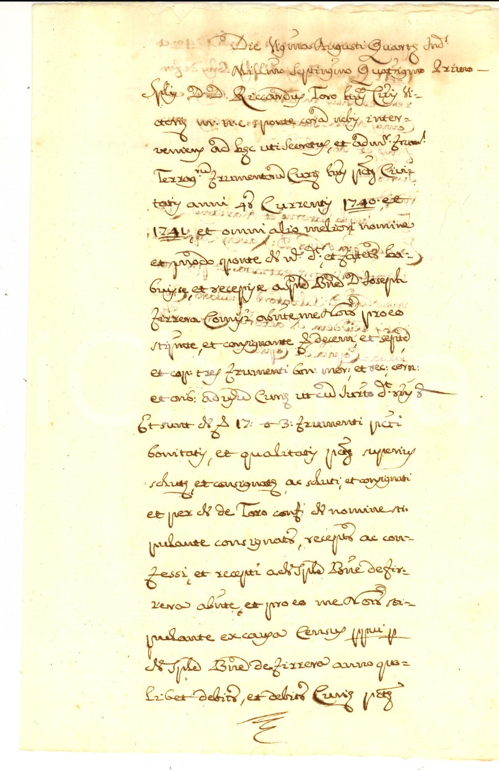 Documento originale, autentico 1741 VITTORIA RG Don Giuseppe FERRERA vende frumento a don Riccardo TORO 1