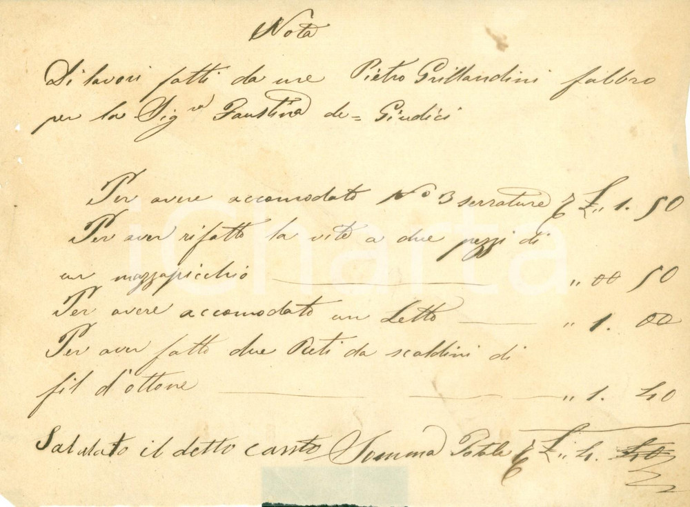 Documento originale, autentico 1850 ca AREZZO Conto del fabbro Pietro GRILLANDINI per lavori a casa DE GIUDICI 1