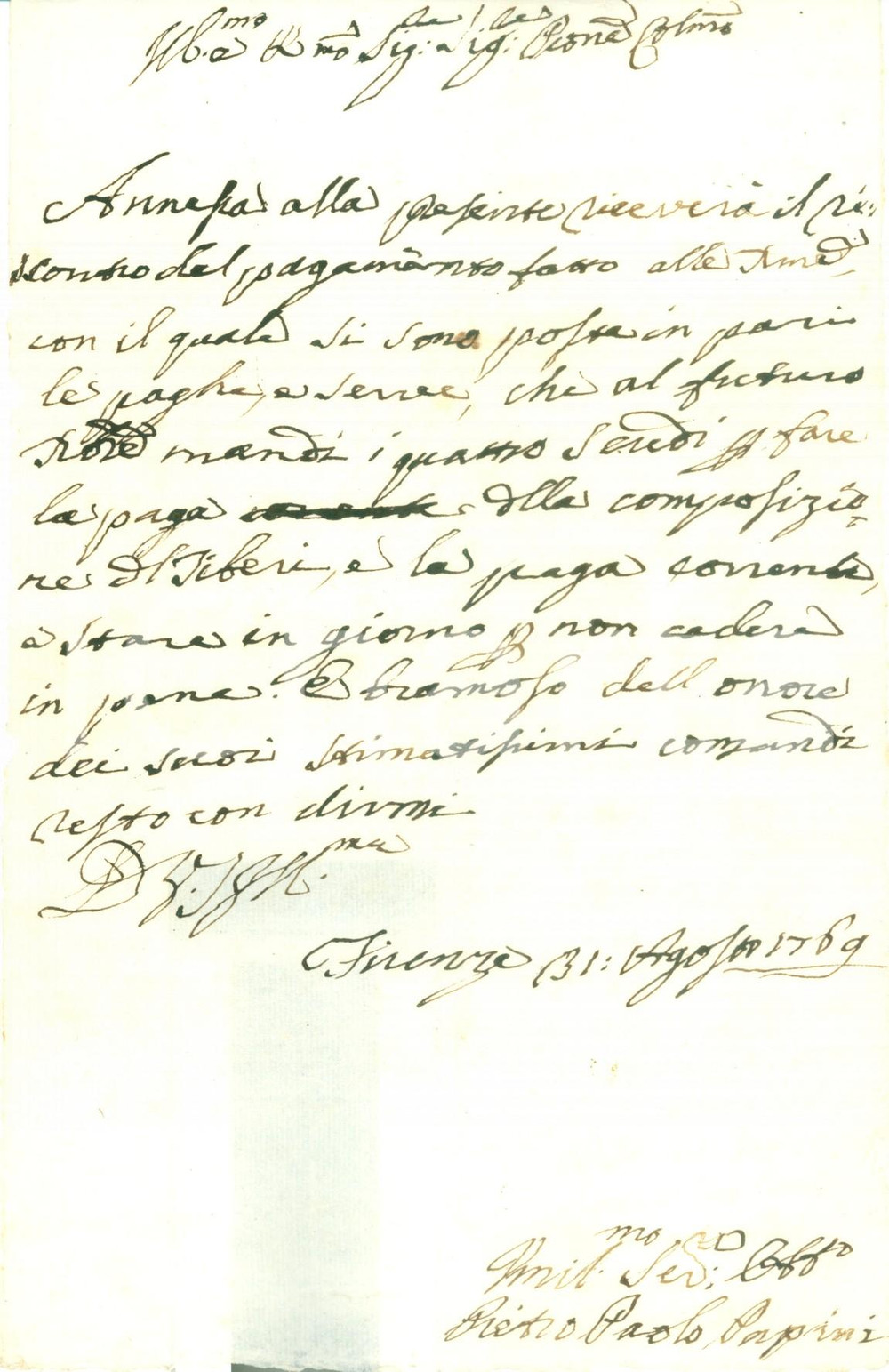 Documento originale, autentico 1769 FIRENZE Pietro Paolo PAPINI gestisce le paghe dei lavoratori Lettera 1