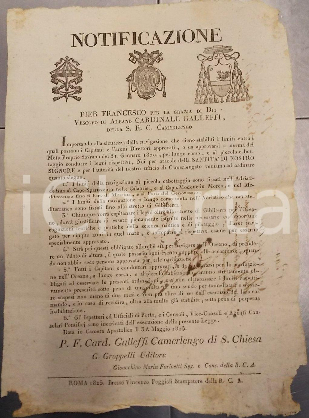 Documento originale, autentico 1825 STATO PONTIFICIO Limiti alla navigazione per piccolo cabotaggio Manifesto 1