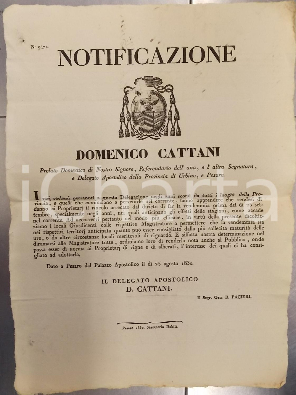 Documento originale, autentico 1830 STATO PONTIFICIO PESARO Liberalizzazione della data di vendemmia Manifesto 1