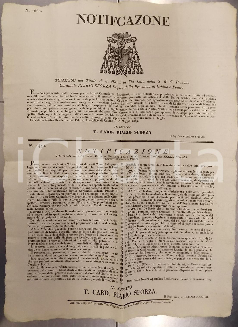 Documento originale, autentico 1839 PESARO Abusi dei braccianti che pascolano bestiame sulle terre altrui 1