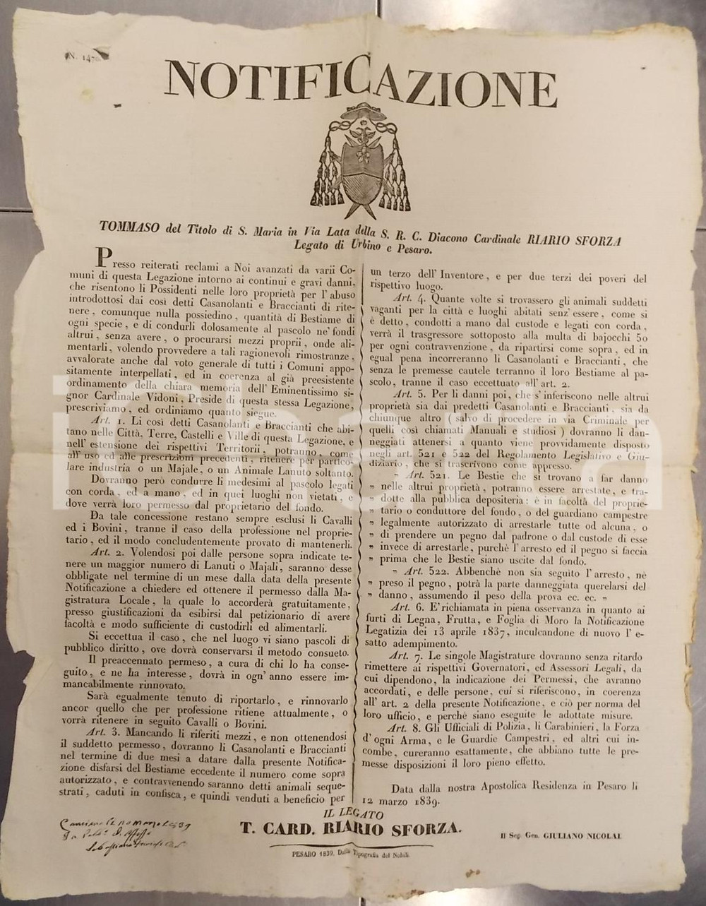 Documento originale, autentico 1839 PESARO Abusi dei braccianti che pascolano bestiame nei fondi altrui 1