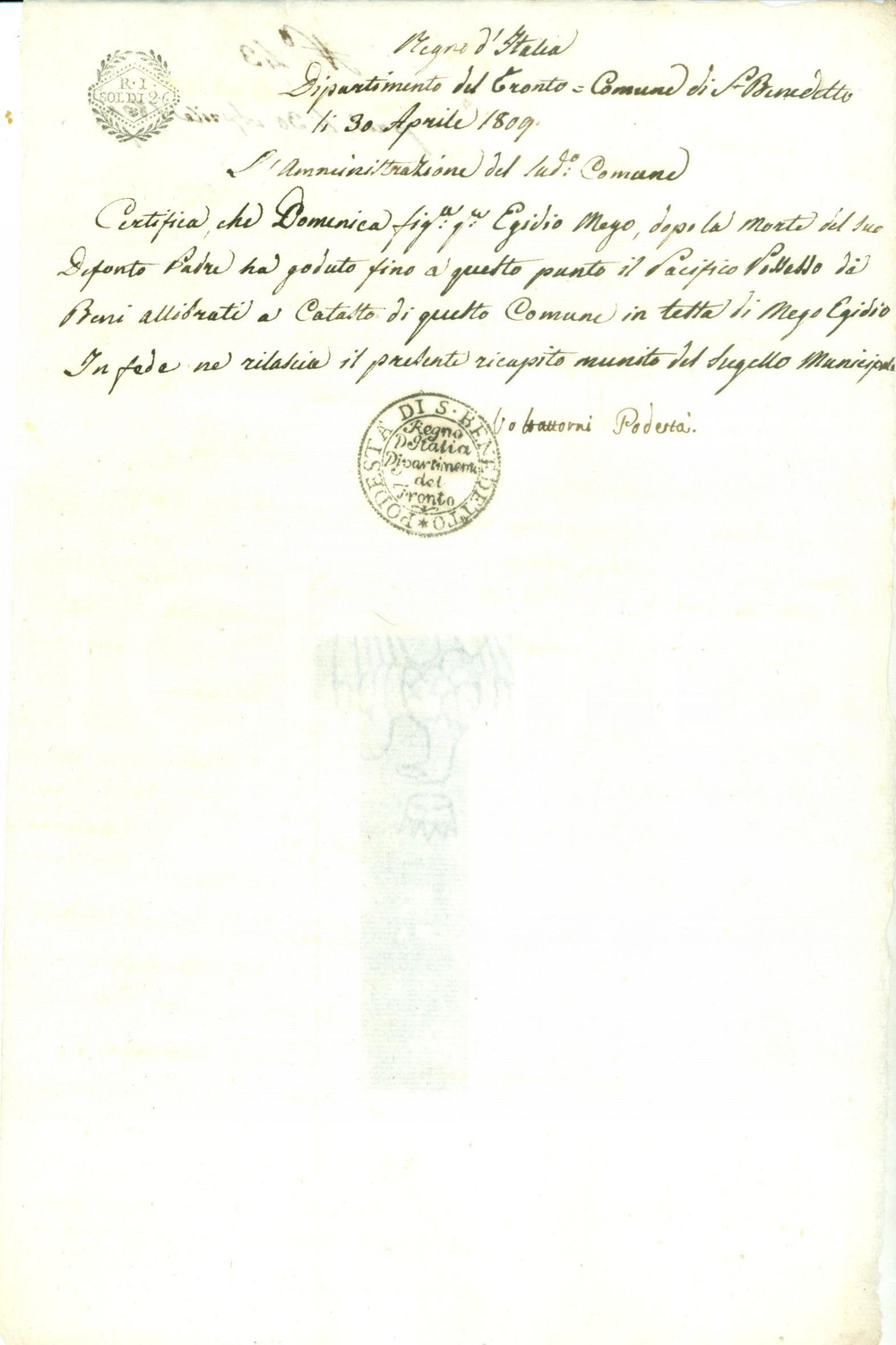 Documento originale, autentico 1809 SAN BENEDETTO DEL TRONTO AP Domenica MEGO possiede beni del padre defunto 1