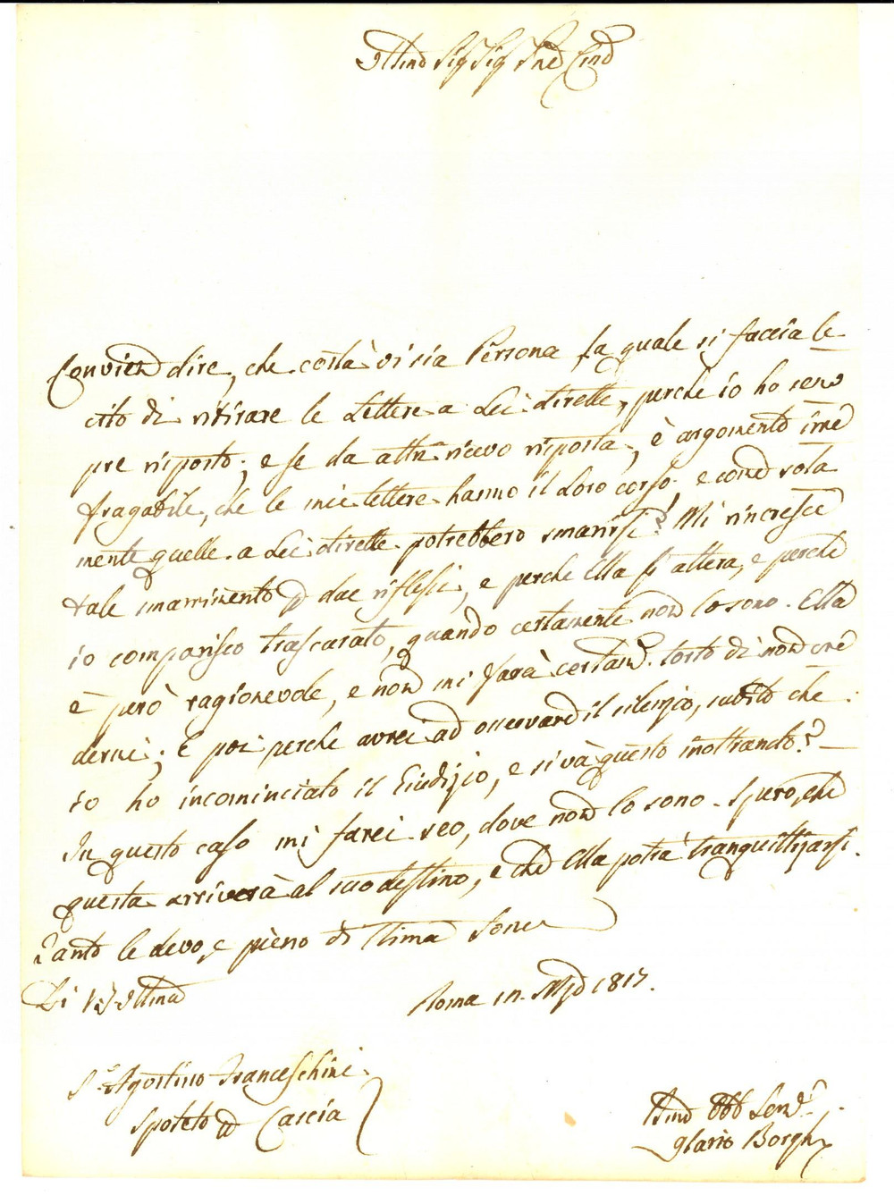 Manoscritto, lettera originale 1817 ROMA Procuratore Ilario BORGHI a un cliente alterato Lettera 1