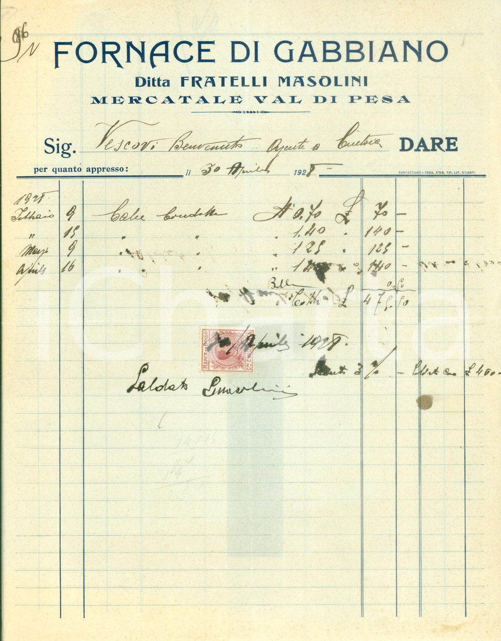 Documento originale, autentico 1928 MERCATALE IN VAL DI PESA Fornace GABBIANO Ditta Fratelli MASOLINI Fattura 1