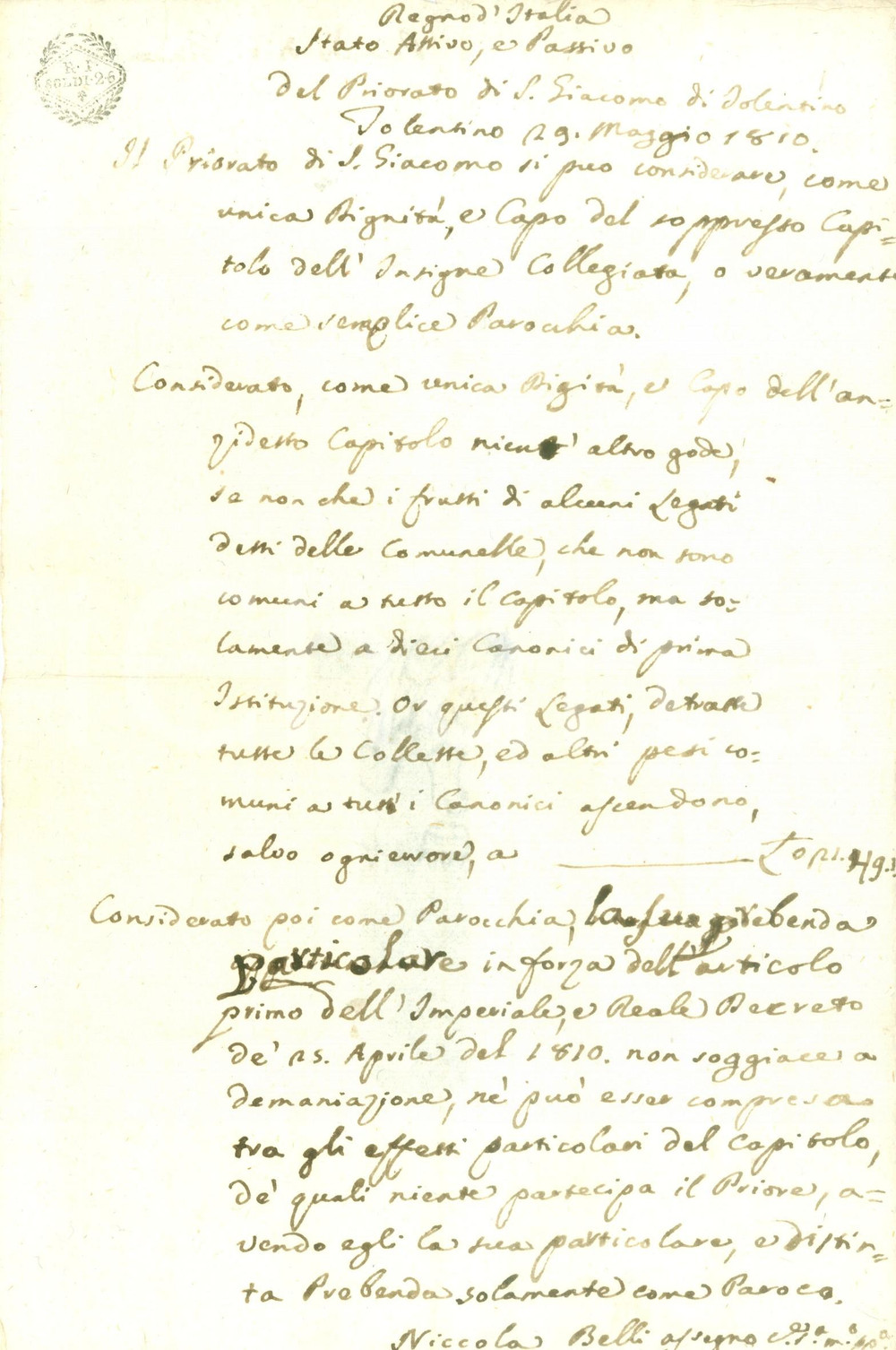 Documento originale, autentico 1810 TOLENTINO MC Beni del Priorato di SAN GIACOMO Documento 1
