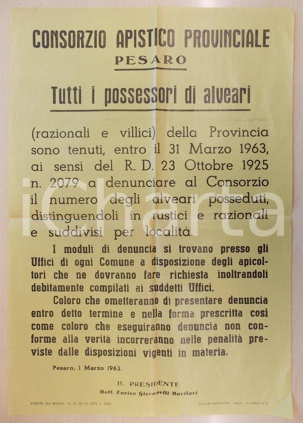 Documento originale, autentico 1963 PESARO Apicultori devono denunciare gli alveari posseduti Manifesto 1