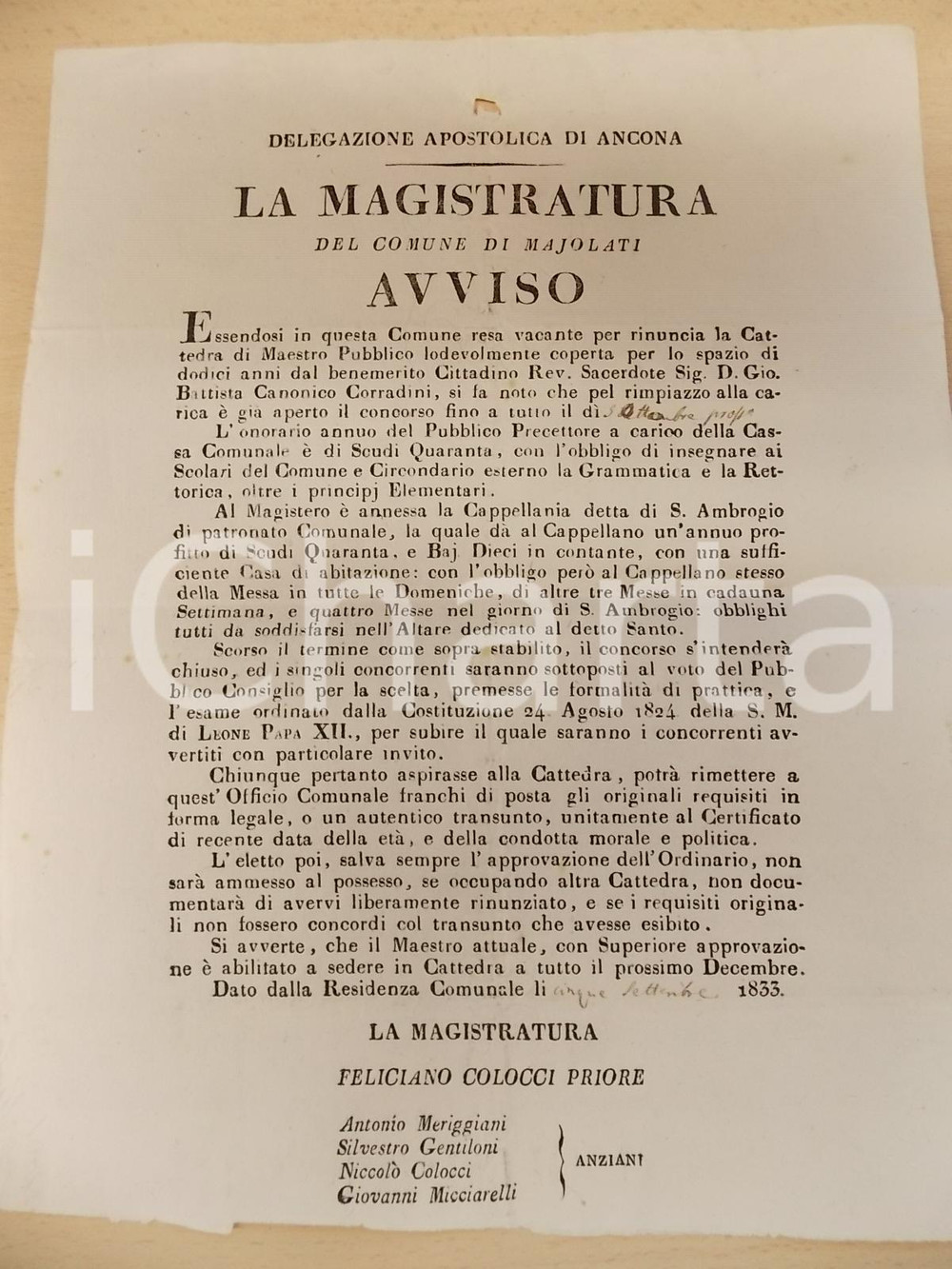 Documento originale, autentico 1833 MAIOLATI SPONTINI AN Concorso per cattedra di maestro pubblico Manifesto 1