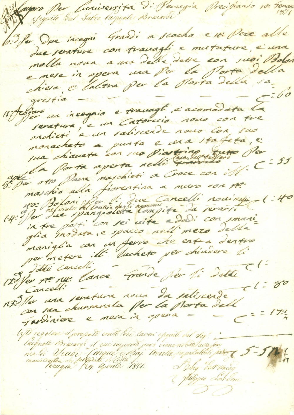 Documento originale, autentico 1851 PERUGIA Conto del fabbro Pasquale BRACARDI per lavori all UniversitÃ  1