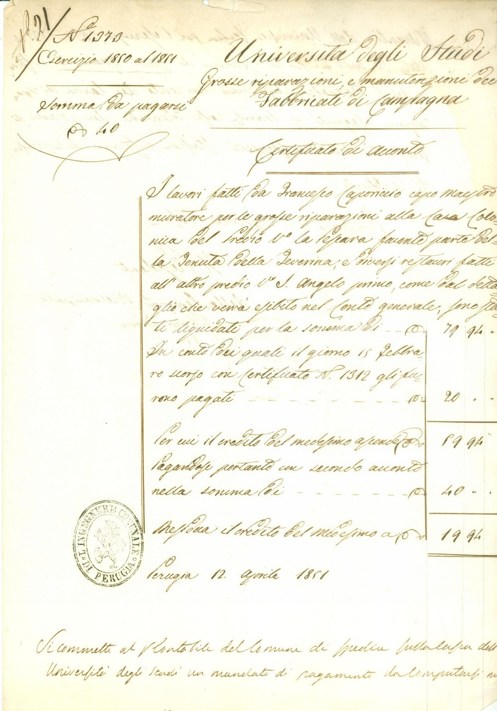 Documento originale, autentico 1851 PERUGIA Conto del muratore Francesco CAPORICCIO per lavori all UniversitÃ  1