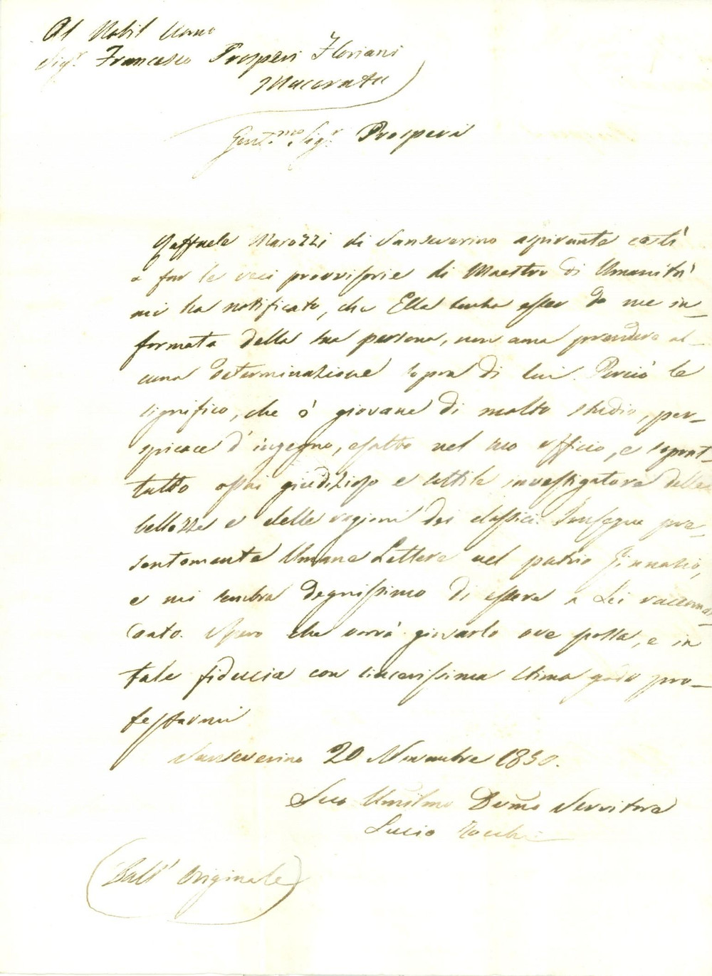Documento originale, autentico 1850 SAN SEVERINO MARCHE Lucio TOCCHI raccomanda erudito Raffaele MAROZZI 1