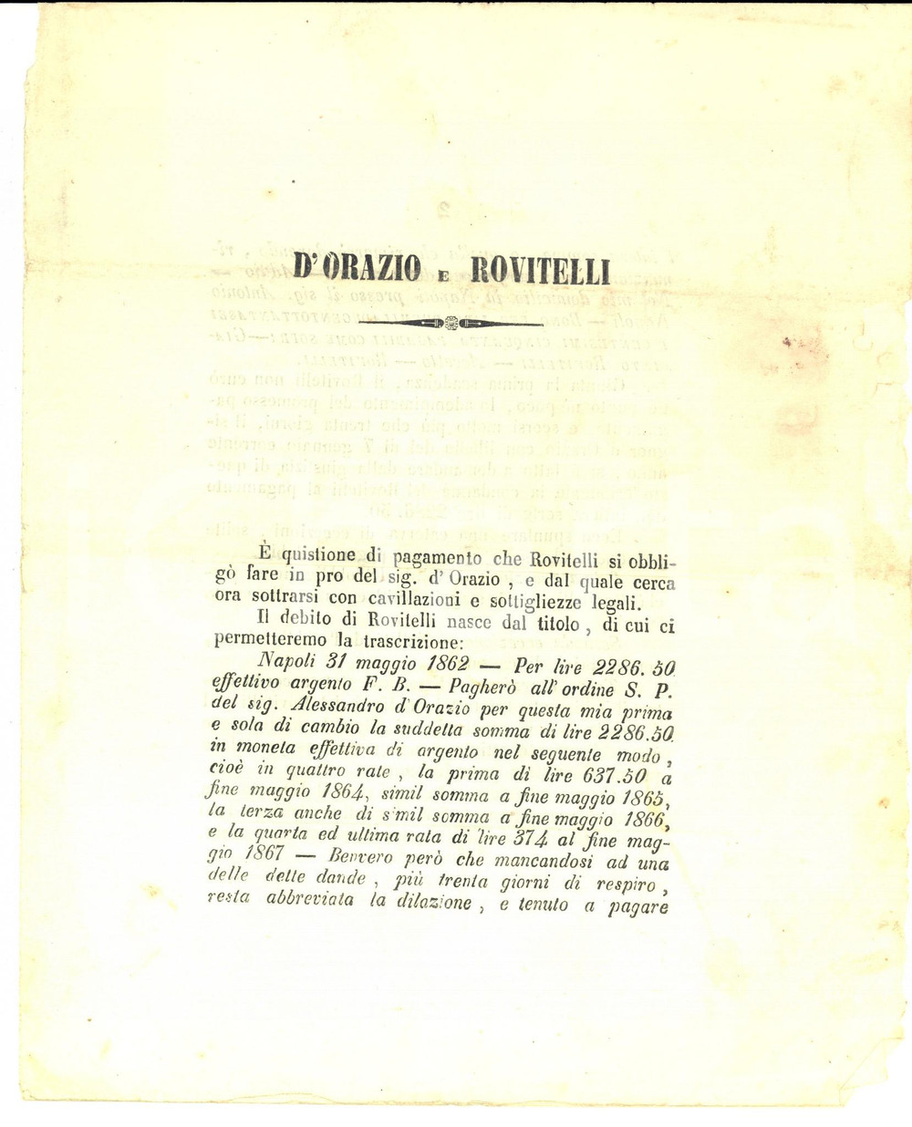Documento originale, autentico 1865 NAPOLI Lite gudiziaria per la riscossione del debito di ROVITELLI 1