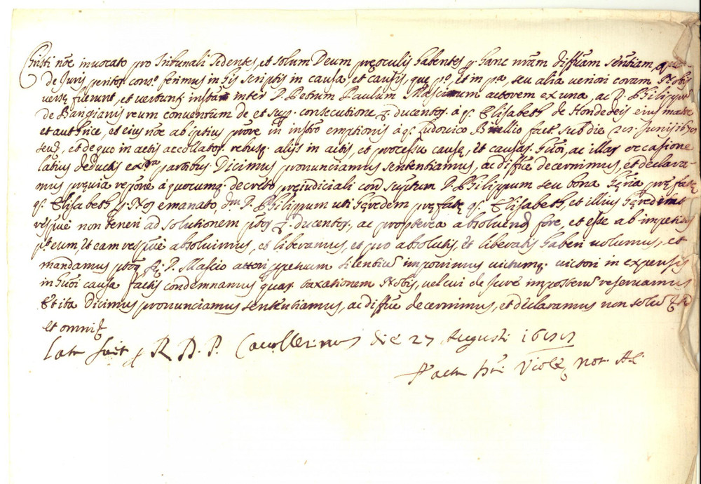 Documento originale, autentico 1688 PERUGIA Nobile Filippo BARIGIANI assolto da un pagamento Sentenza 1
