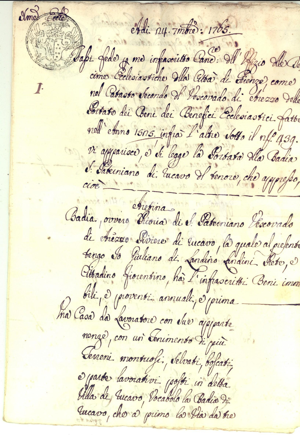 Documento originale, autentico 1765 RUCAVO AR Patrimonio fondiario della badia di SAN PATERNIANO Manoscritto 1