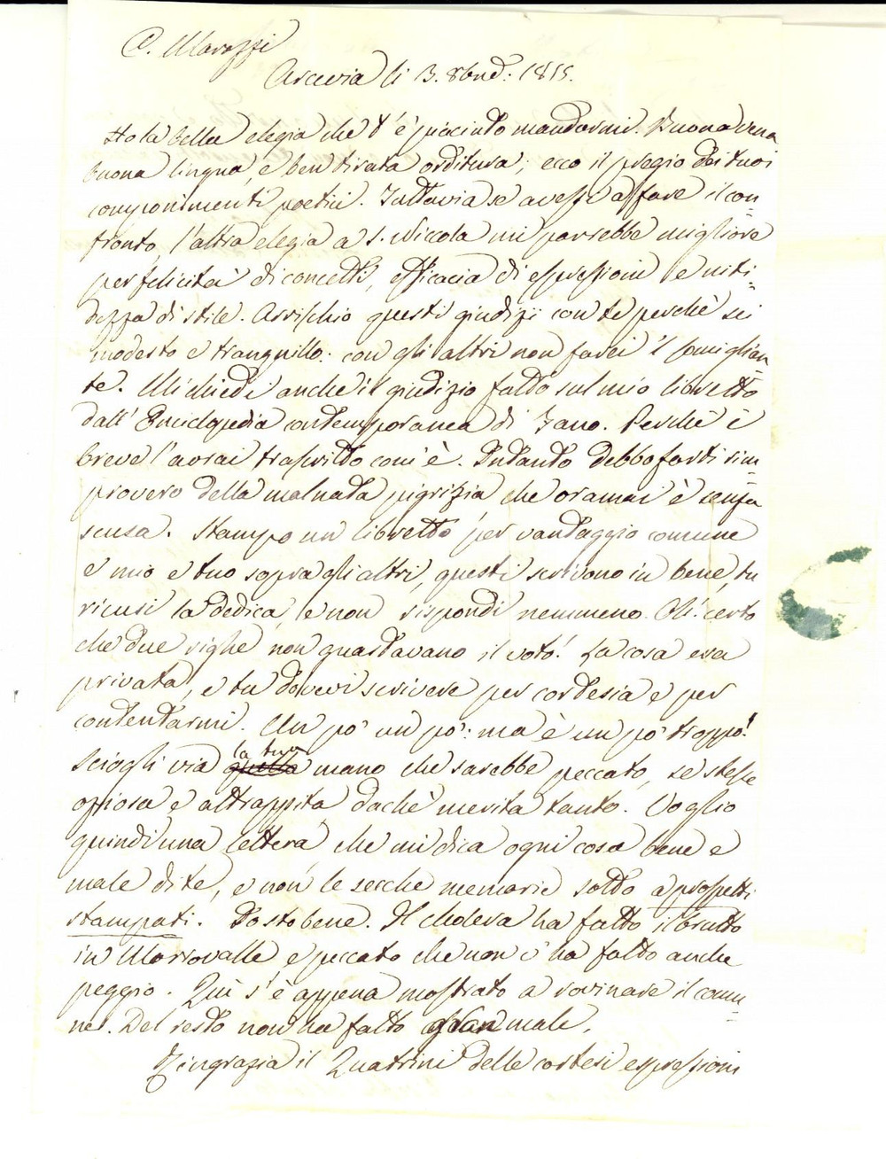 Autografo originale 1815 ARCEVIA AN Enrico CATTERINO SINIBALDI contro la scortesia di MAROZZI 1