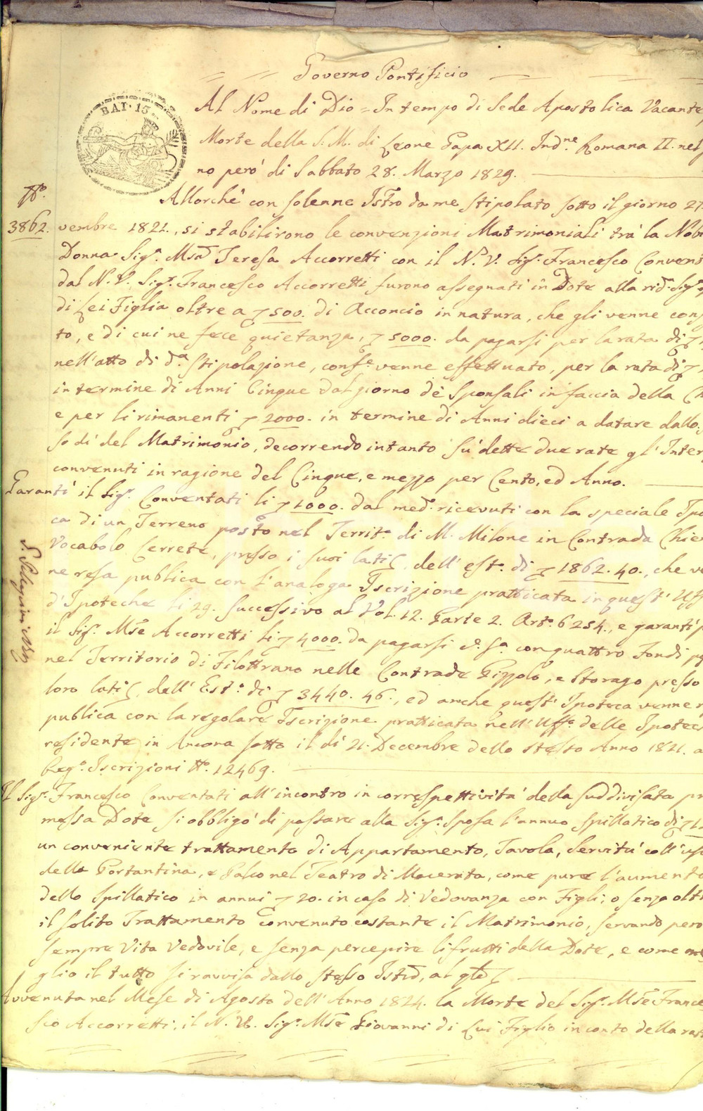 Documento originale, autentico 1829 MACERATA Censi estinti su beni dotali Maria Teresa ACCORRETTI Manoscritto 1
