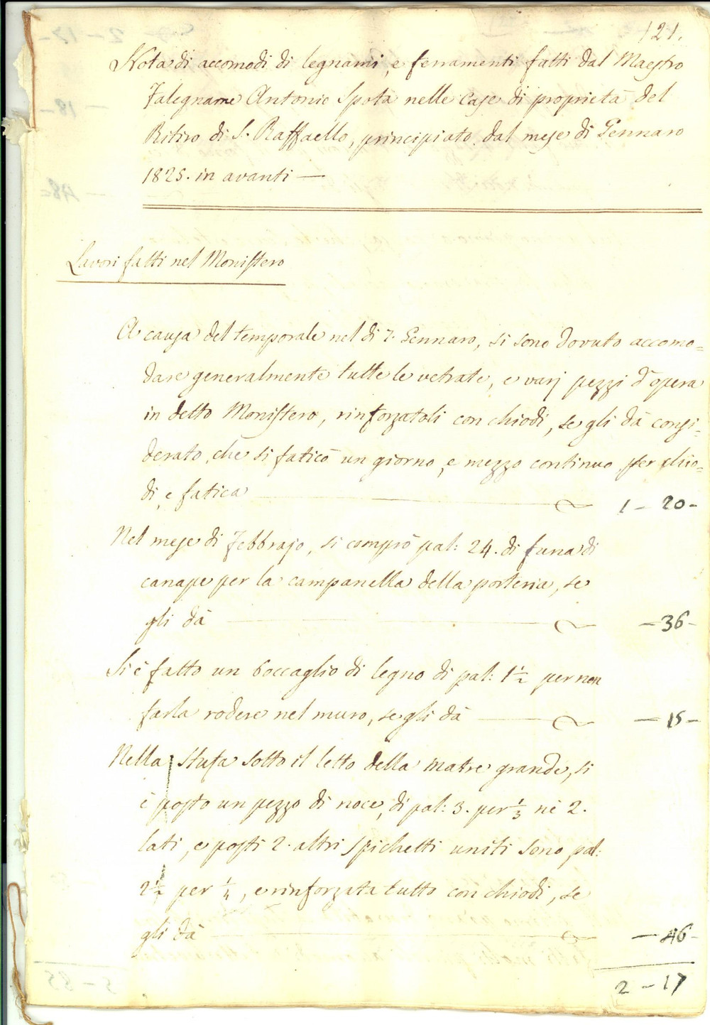 Documento originale, autentico 1825 NAPOLI MATERDEI Nota falegname Antonio SPOTA ritiro SAN RAFFAELE  22 pp. 1