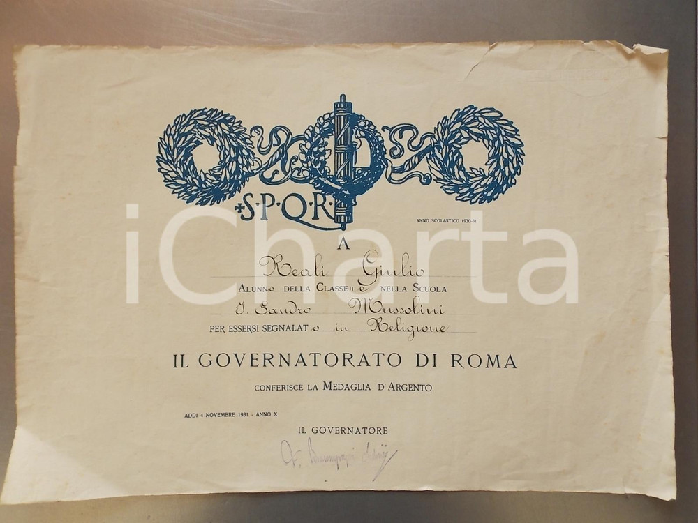 Oggetto da collezione cartaceo 1931 ROMA Scuola SANDRO MUSSOLINI Diploma Giulio REALI per meriti in religione 1