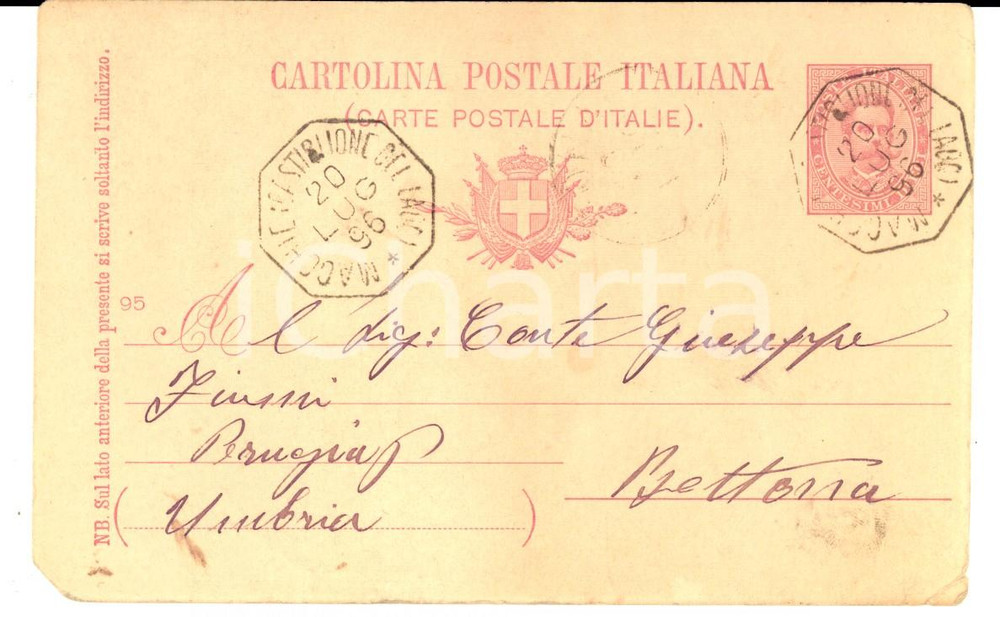 Cartolina originale da collezione 1896 CASTIGLIONE DEL LAGO PG Danni dei maiali del conte Giuseppe FIUMI 1