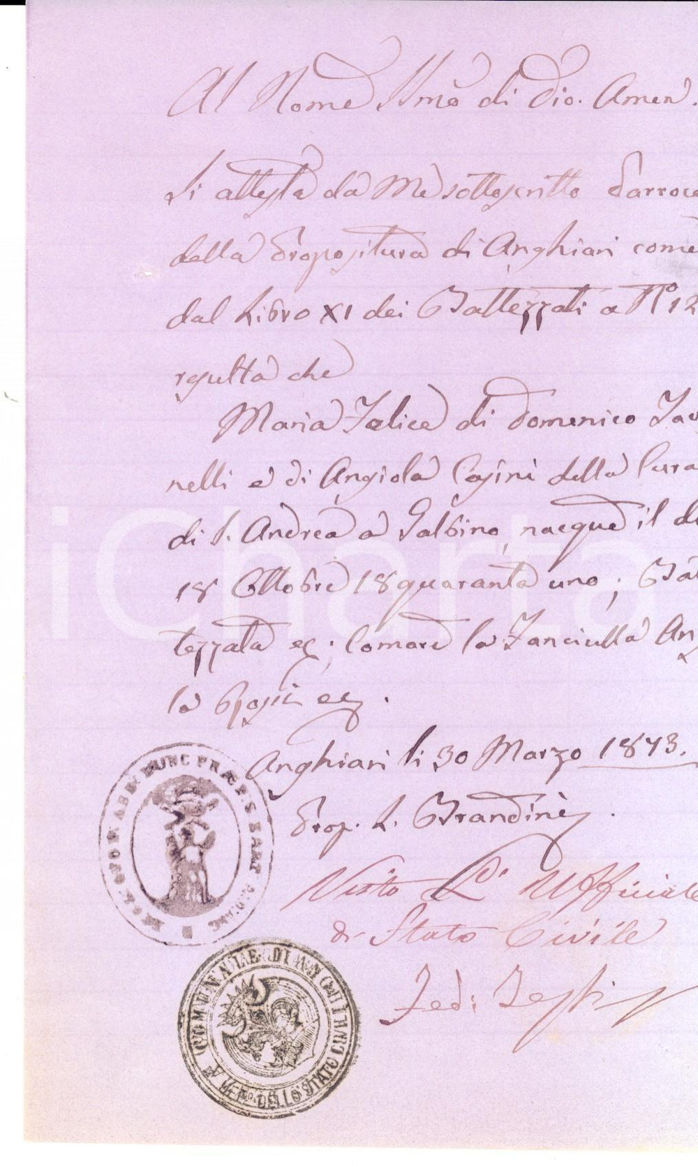 Documento originale, autentico 1873 ANGHIARI AR Fede di battesimo di Maria Felice TAVERNELLI Documento 1
