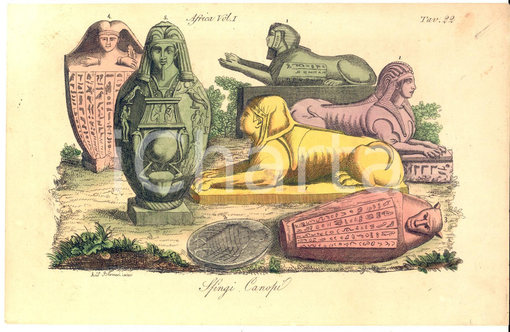 Stampa, bozzetto originale 1823 COSTUMI AFRICA Sfingi Canopi Incisione BERNIERI Stampa colorata a mano 1