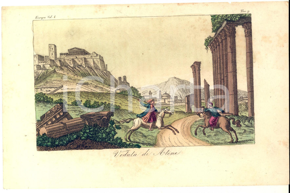 Stampa, bozzetto originale 1823 COSTUMI EUROPA Giulio FERRARIO Veduta di Atene Stampa colorata a mano 1