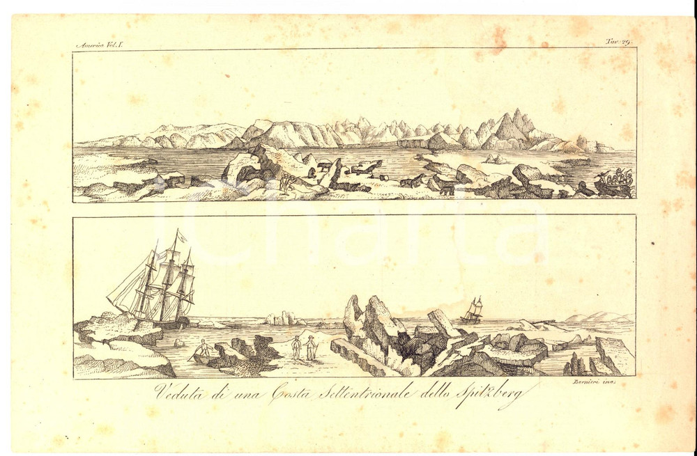 Stampa, bozzetto originale 1823 COSTUMI AMERICA Una costa settentrionale dello Spitzberg Inc. BERNIERI 1