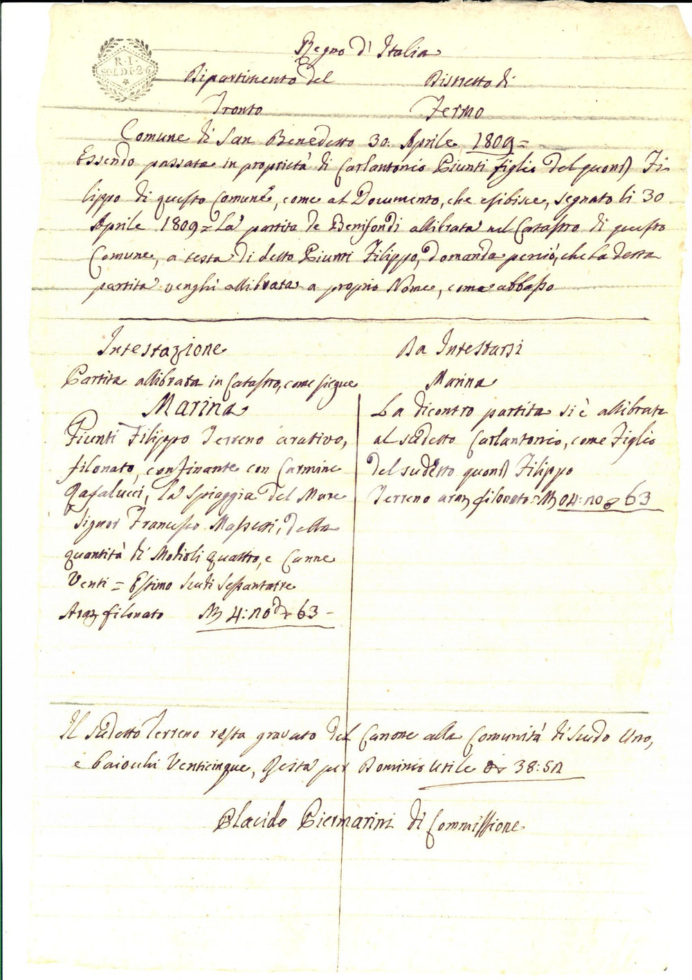 Documento originale, autentico 1809 SAN BENEDETTO DEL TRONTO AP Beni di Carlantonio GIUNTI presso la marina 1