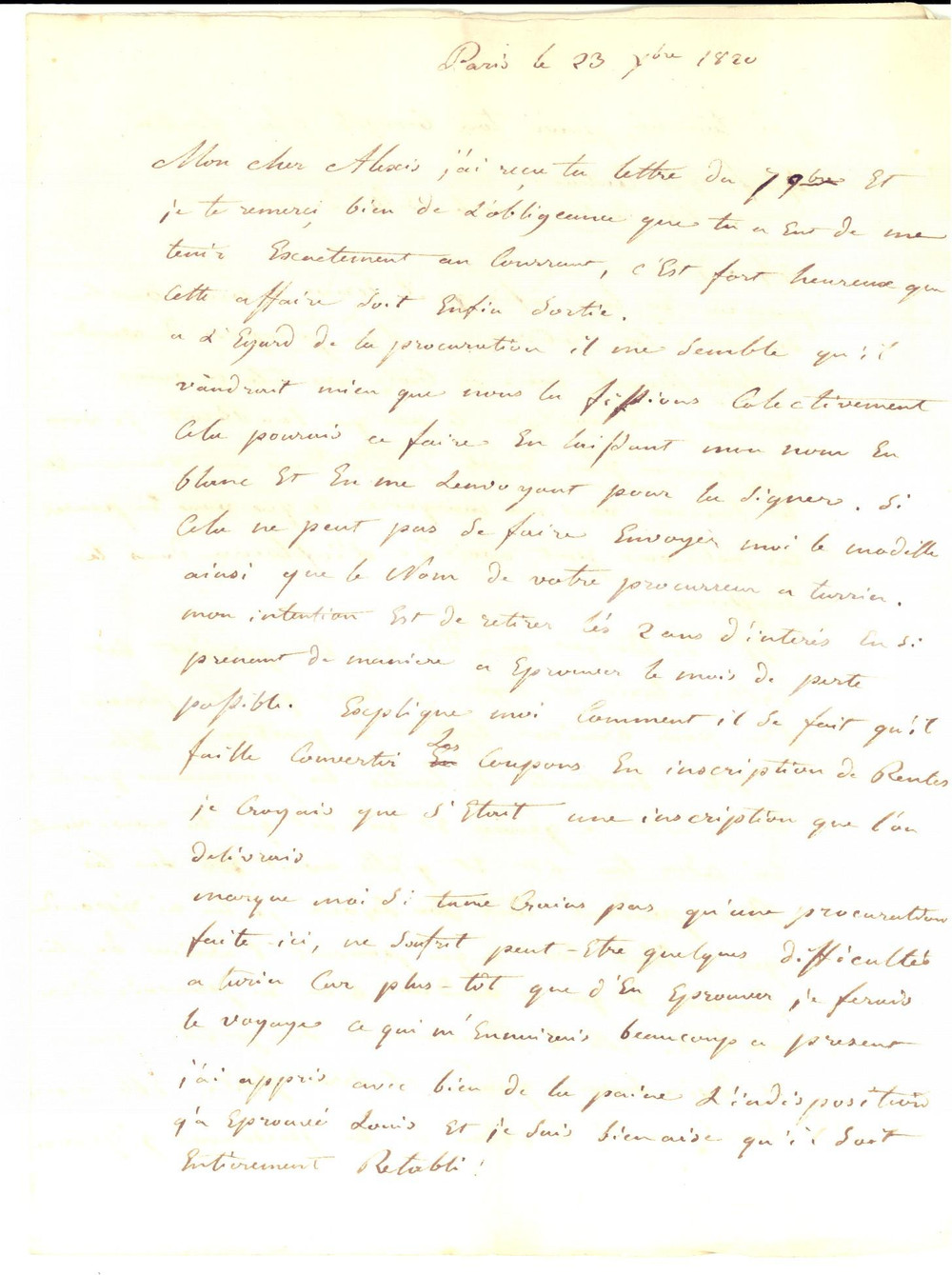 Documento originale, autentico 1820 PARIS Lettera d affari al conte Alexis FONCET  GENEVE Manoscritto 1