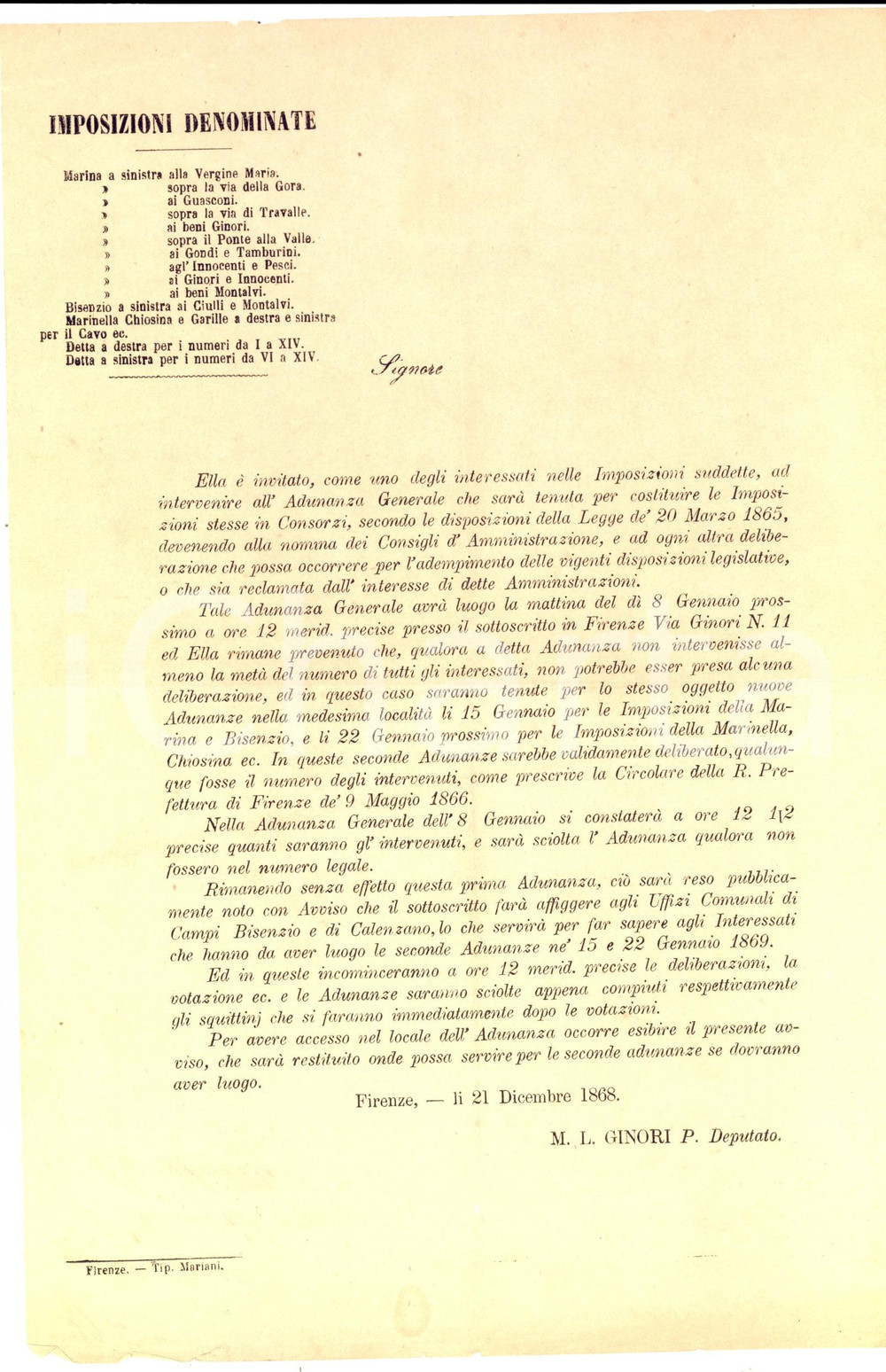 Documento originale, autentico 1868 CAMPI BISENZIO Adunanza per i consorzi tra proprietari Avviso 20 x 31 cm 1