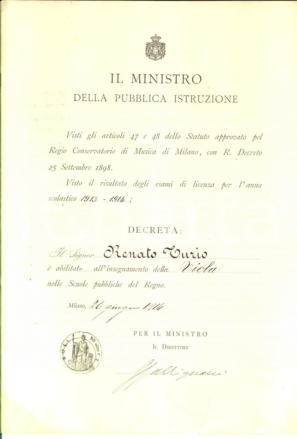 Documento originale, autentico 1914 MILANO Regio Conservatorio  Abilitazione a Renato TURIO insegnamento viola 1