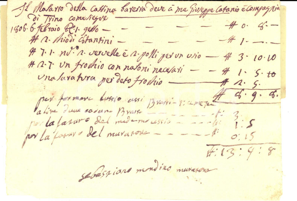 Documento originale, autentico 1806 TRINO VERCELLESE Conto del manovale Giuseppe CATANIO Manoscritto 1