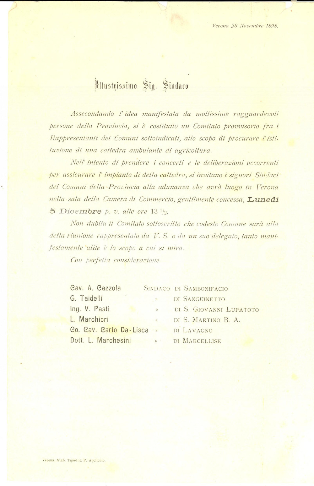 Documento originale, autentico 1898 VERONA Assemblea per istituire una cattedra di agricoltura Lettera 1