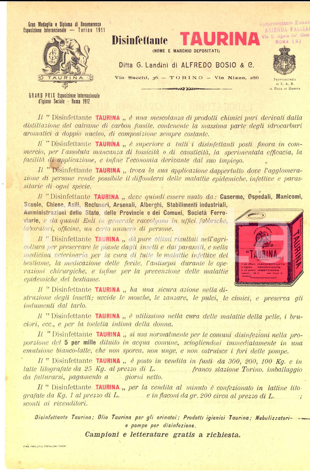 Materiale pubblicitario d’epoca 1915 TORINO Ditta G. LANDINI  Disinfettante TAURINA Pubblicitario FARMACEUTICO 1