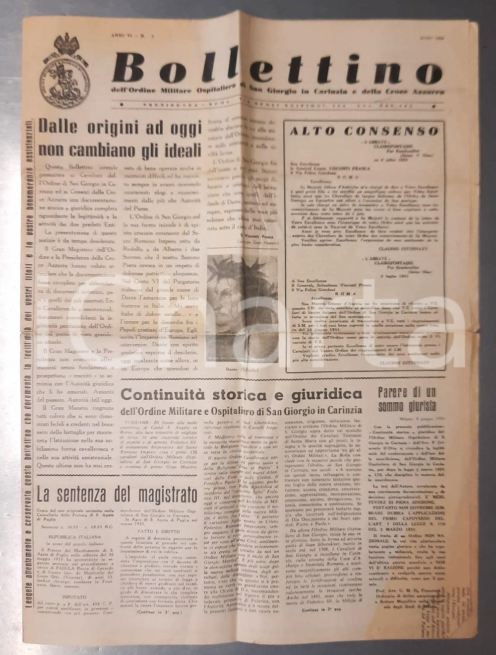Giornale, rivista storica 1956 ROMA Bollettino dell Ordine di SAN GIORGIO IN CARINZIA Anno VI n° 3 1