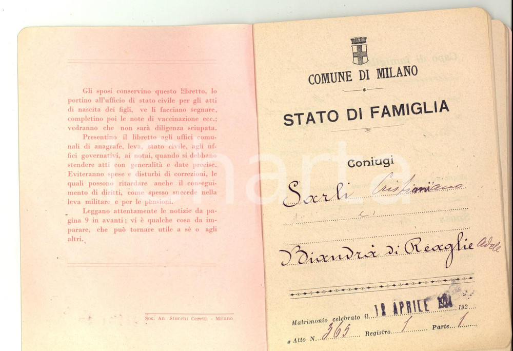 Documento originale, autentico 1924 MILANO Libretto di famiglia Cristiniano SARLI  Adele BIANDRA  DI REAGLIE 1