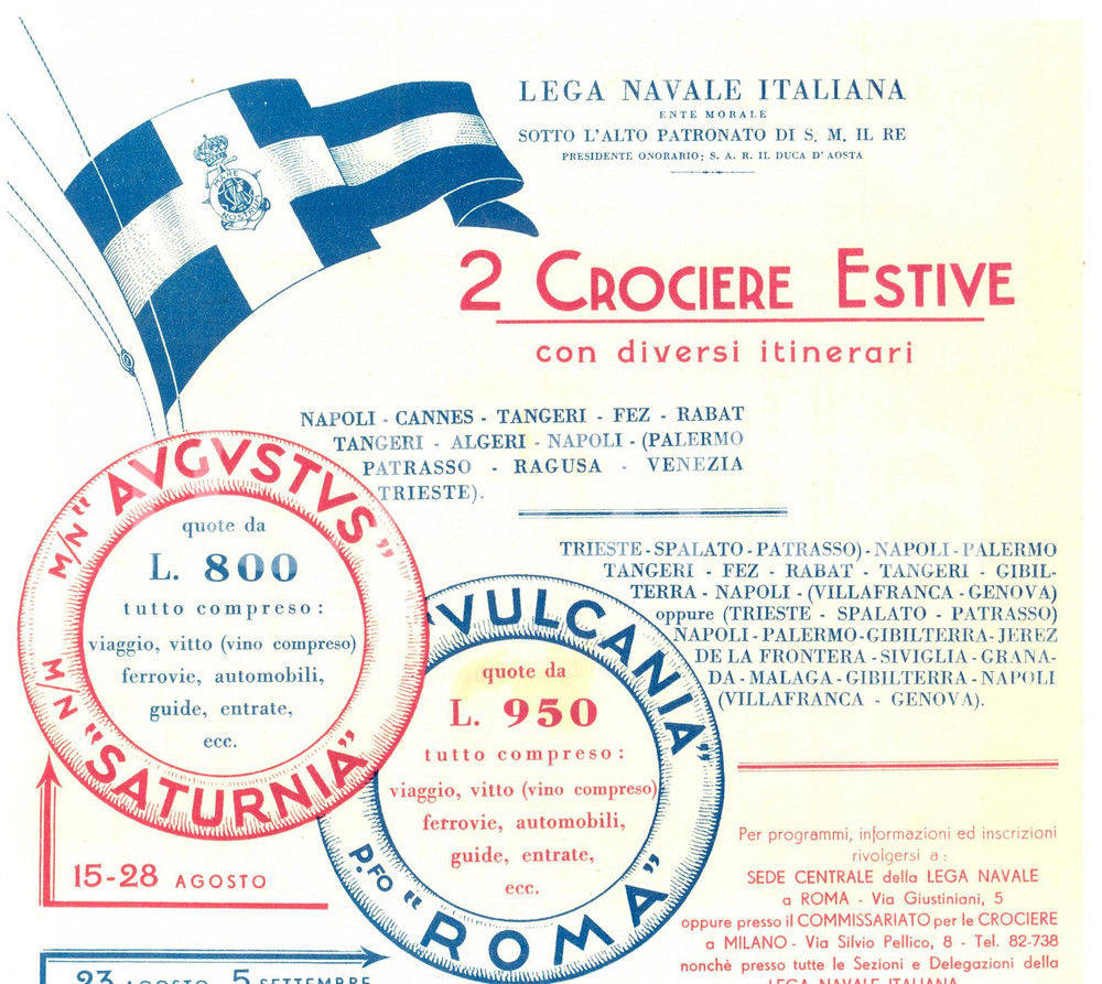Materiale pubblicitario d’epoca 1933 MILANO LEGA NAVALE ITALIANA Crociere estive AUGUSTUS e ROMA Pubblicitario 1